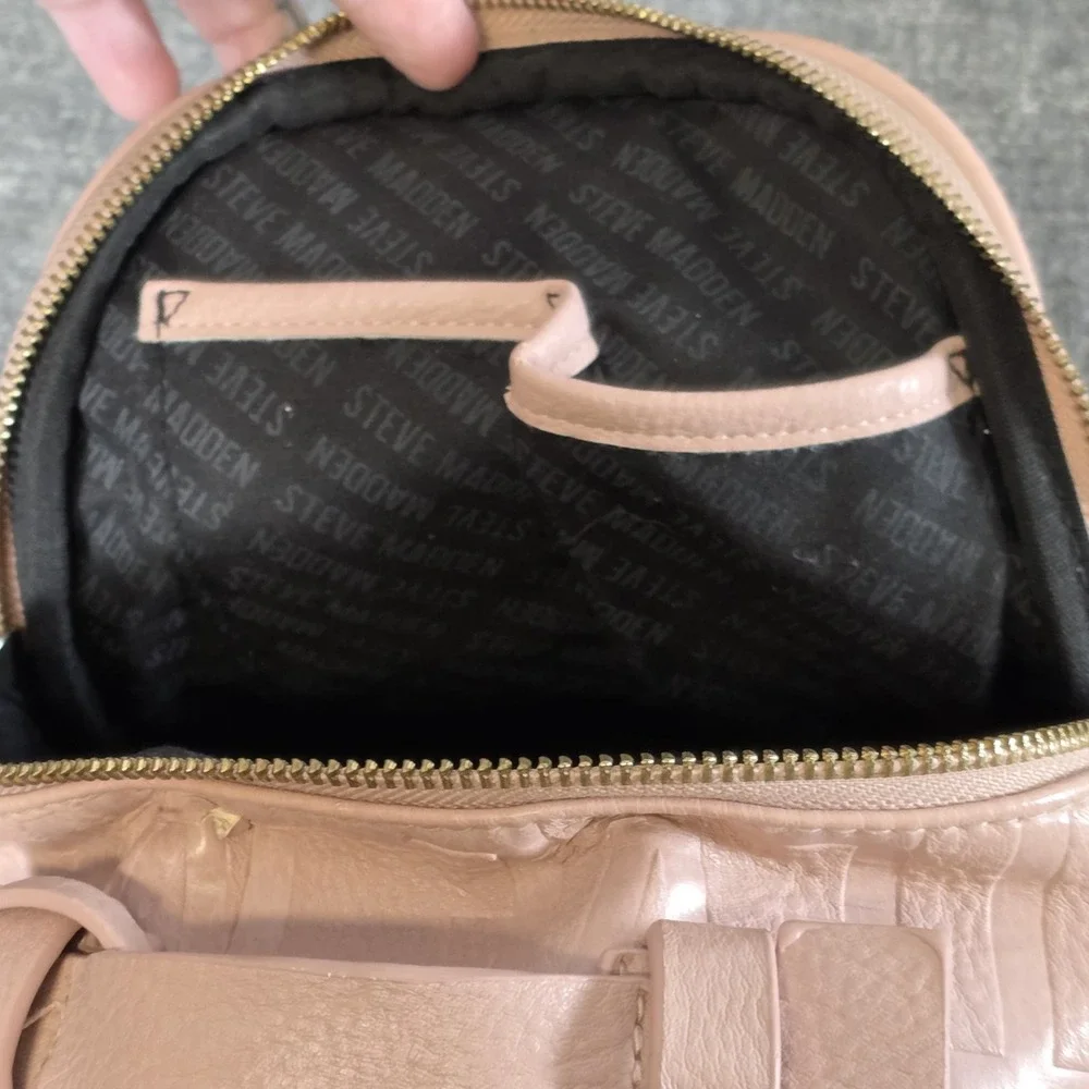 Steve Madden Mini Logo Embossed Backpack Light Pink Faux Leather Black Straps
